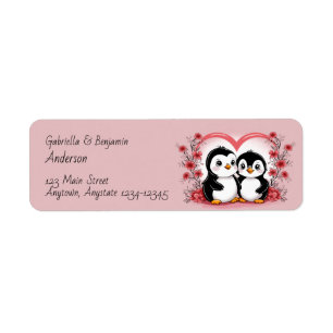Cute Cartoon Penguin Lovers Hearts Valentine’s Day Label