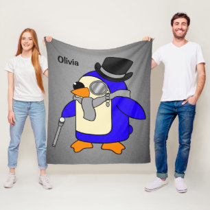 Cute cartoon penguin neutral gray fleece blanket