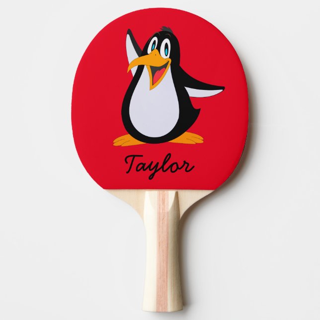 Cute Cartoon Penguin on Red with Name Ping-Pong Paddle (Front)