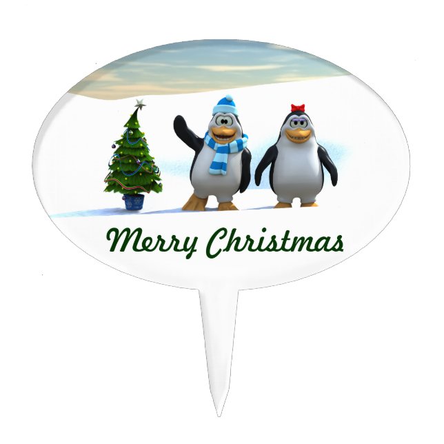 Cute Cartoon Penguin Pair with Tree Cake Topper (Front)