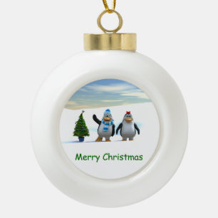 Cute Cartoon Penguin Pair with Tree Ceramic Ball Christmas Ornament