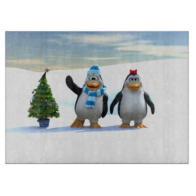 Cute Cartoon Penguin Pair with Tree Cutting Board (Front)