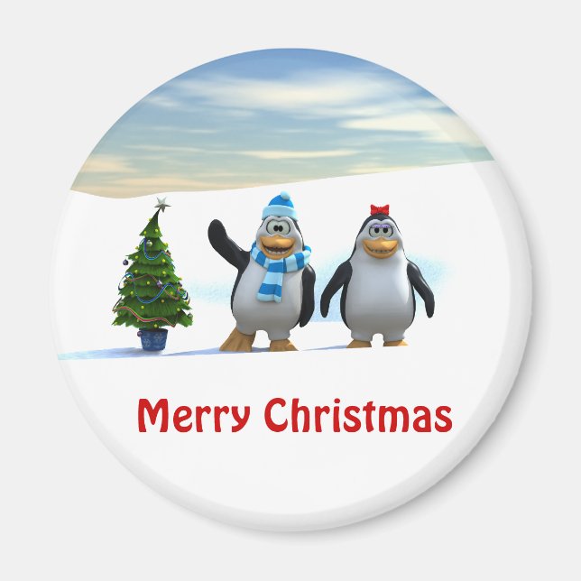Cute Cartoon Penguin Pair with Tree Magnet (Front)