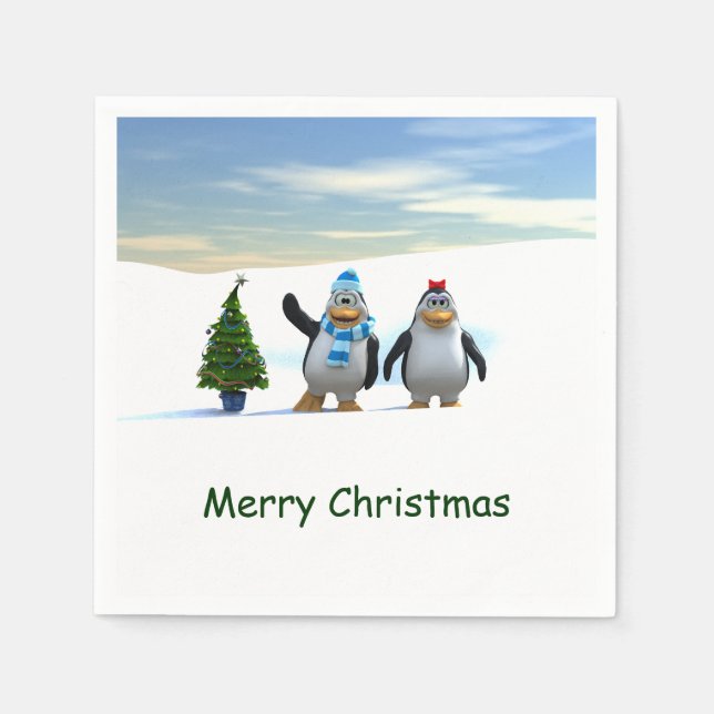 Cute Cartoon Penguin Pair with Tree Paper Napkins (Front)