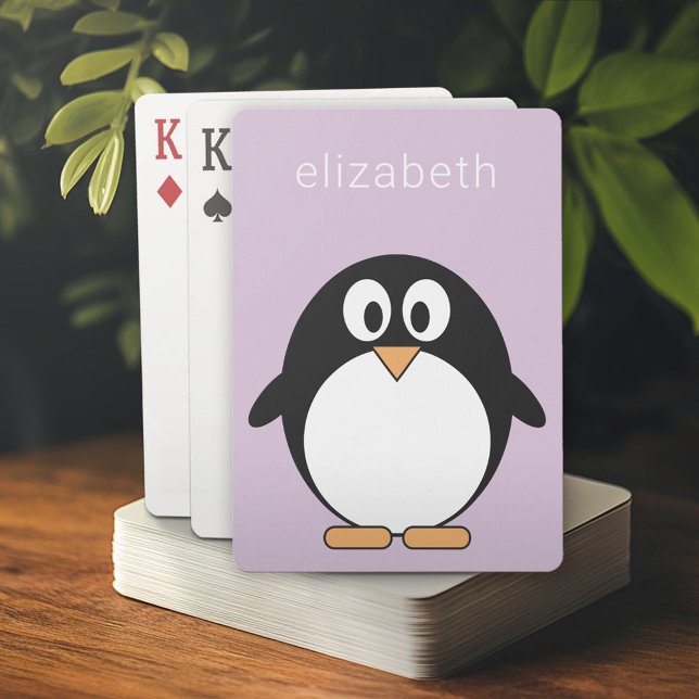 Cute Cartoon Penguin Pastel Purple Modern Name Poker Cards (Personalized playing cards)