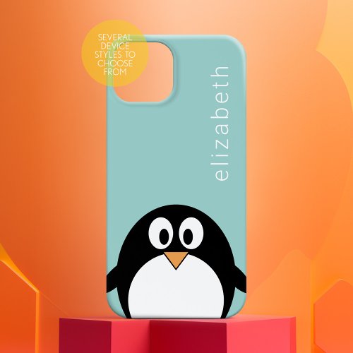 Cute Cartoon Penguin Pastel Teal Blue Modern Name Case_Mate iPhone 14 Case