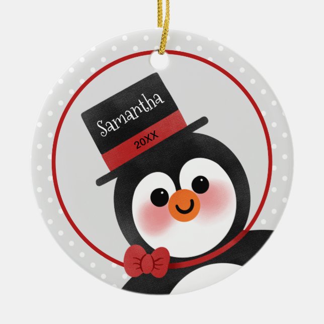Cute Cartoon Penguin Personalized Name Photo Ceramic Ornament (Front)
