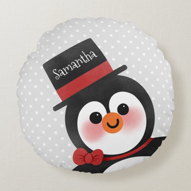 Cute Cartoon Penguin Personalized Name Round Pillow (Front)