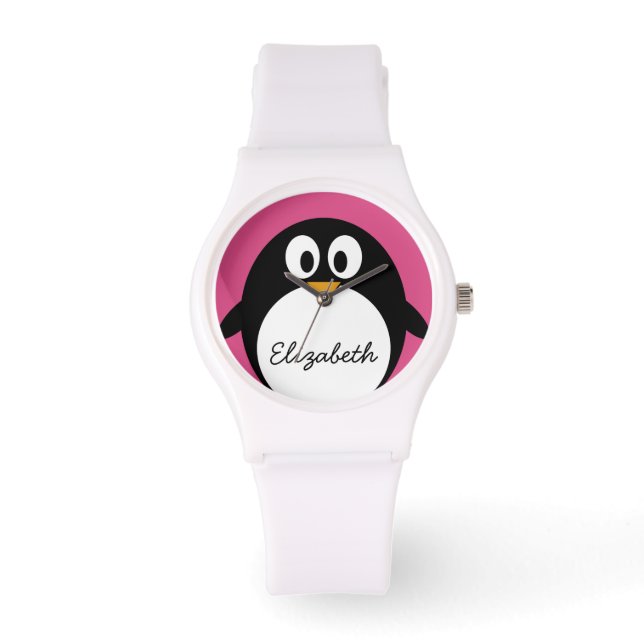 cute cartoon penguin pink and black watch (Front)
