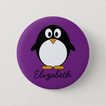 Cute Cartoon Penguin Purple Pinback Button by MyPetShop at Zazzle