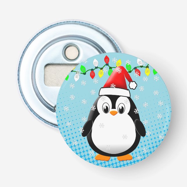 Cute Cartoon Penguin Santa Hat Christmas Lights Bottle Opener (Front)