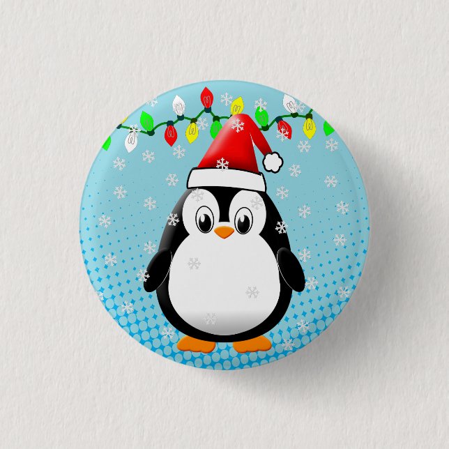 Cute Cartoon Penguin Santa Hat Christmas Lights Button (Front)