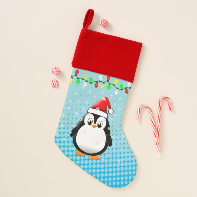 Cute Cartoon Penguin Santa Hat Christmas Lights Christmas Stocking (Front)