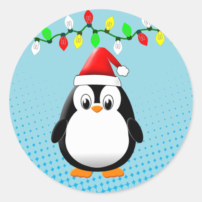 Cute Cartoon Penguin Santa Hat Christmas Lights Classic Round Sticker (Front)