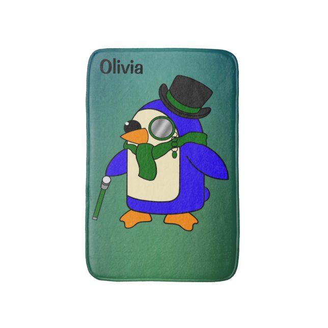 Cute cartoon penguin teal dark emerald green bath mat (Front Vertical)