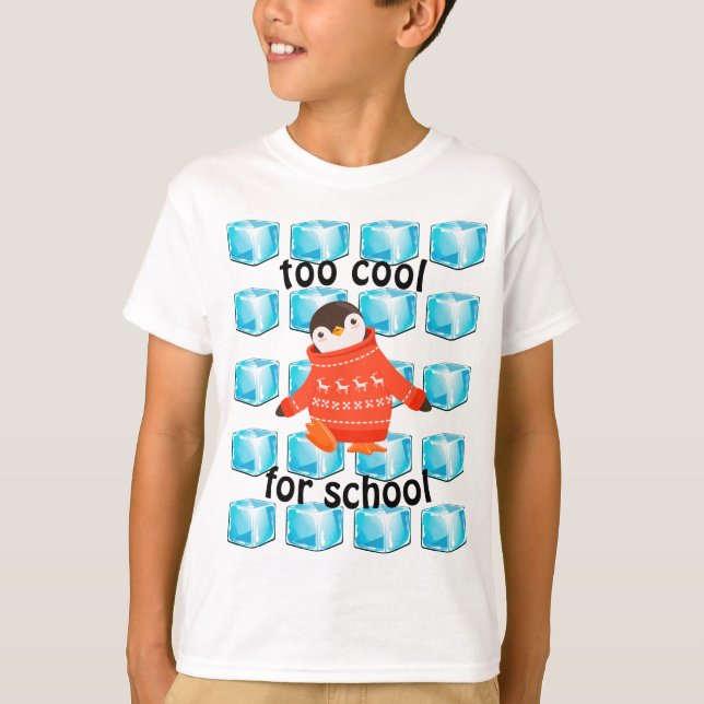 Cute Cartoon Penguin "Too Cool For School" Kids' T-Shirt (Front)