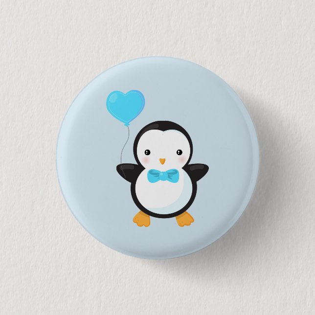 Cute Cartoon Penguin w/Blue Heart Balloon Pinback Button (Front)