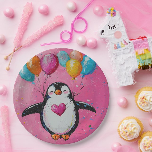 cute cartoon penguin with balloons  paper plates (Party)