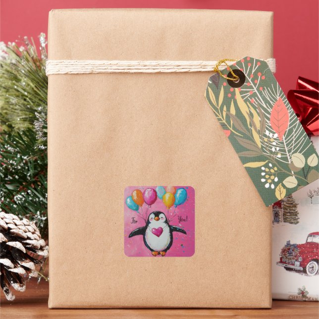 cute cartoon penguin with balloons  square sticker (Holiday)