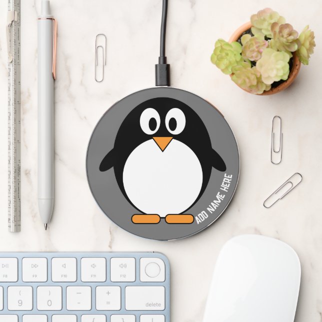 Cute Cartoon Penguin with Custom Name Wireless Charger (Desk)