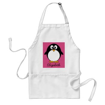 Cute Cartoon Penguin With Pink Background Adult Apron by MyPetShop at Zazzle