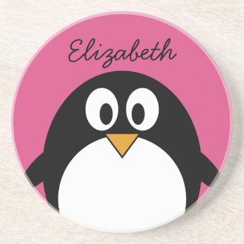 Cute Cartoon Penguin With Pink Background Drink Coaster by MyPetShop at Zazzle