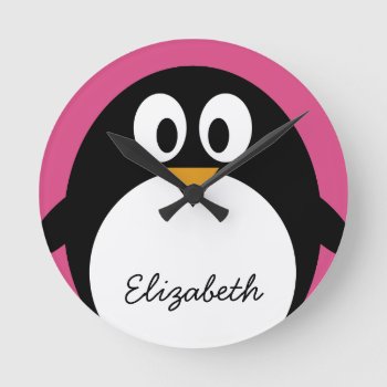Cute Cartoon Penguin With Pink Background Round Clock by MyPetShop at Zazzle