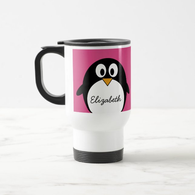 cute cartoon penguin with pink background travel mug (Left)