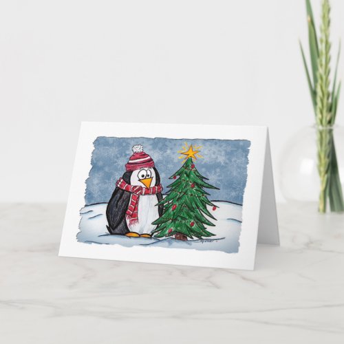 Cute Cartoon Penguin with Tree Christmas Card