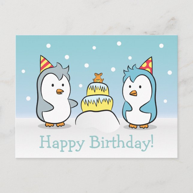 Cute Cartoon - Penguins Birthday Celebration Invitation Postcard (Front)