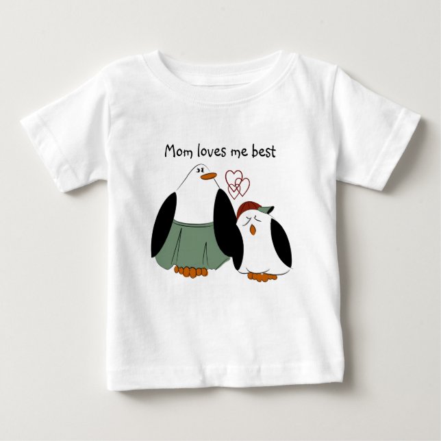 Cute Cartoon Penguins Mom Loves Me Best Baby T-Shirt (Front)