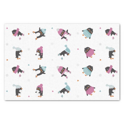 Cute cartoon penguins with hearts and snowflakes tissue paper