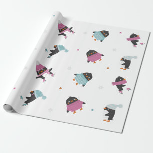 cute cartoon penguins with hearts and snowflakes wrapping paper
