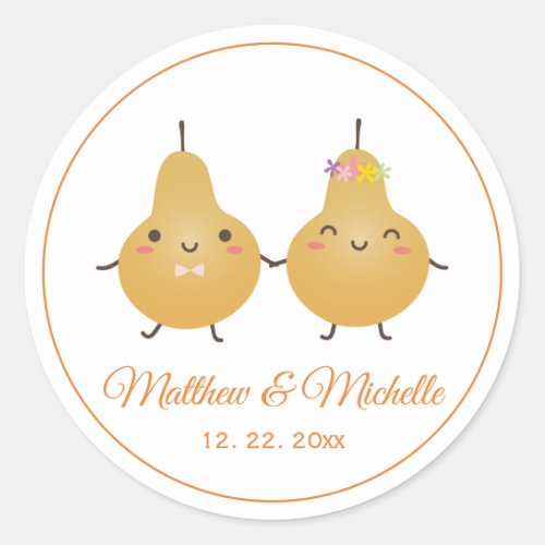Cute Cartoon Perfect Pear Couple Wedding Favor Classic Round Sticker