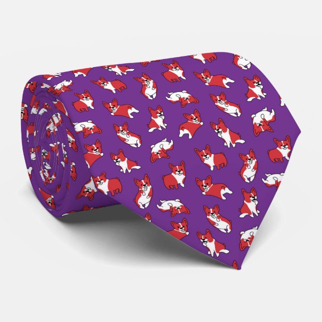 cute cartoon pet dog corgis pattern purple neck tie (Rolled)
