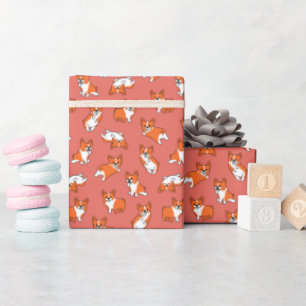 cute cartoon pet dog corgis pattern red background wrapping paper
