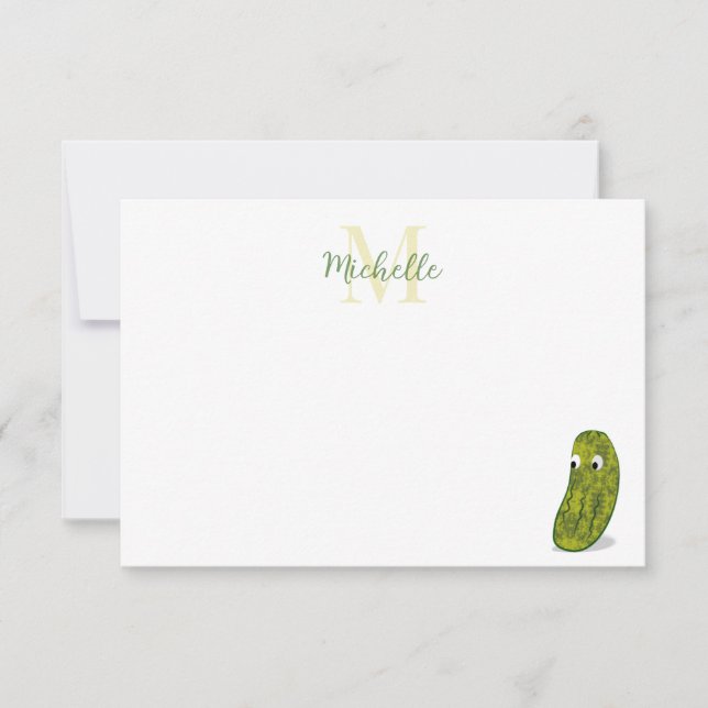Cute Cartoon Pickle Personalized Monogram Note Card (Front)