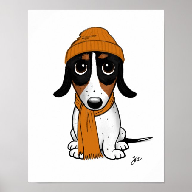 Cute Cartoon Piebald Dachshund with Beanie Poster (Front)