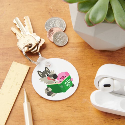 Cute Cartoon Pig And Wolf Reading a Book Keychain