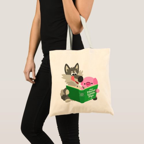 Cute Cartoon Pig And Wolf Reading a Book Tote Bag