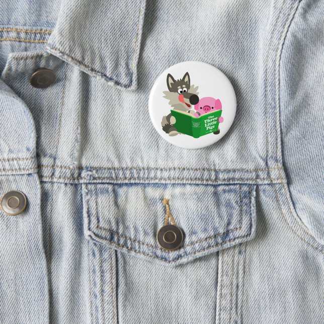 Cute Cartoon Pig And Wolf Reading Button Badge (In Situ)