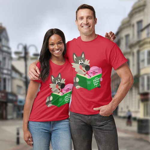 Cute Cartoon Pig And Wolf Reading Together T_Shirt