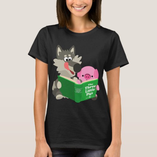 Cute Cartoon Pig And Wolf Reading Womens T_Shirt