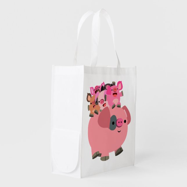 Cute Cartoon Pig Carrying Piglets Grocery Bag (Front Side)