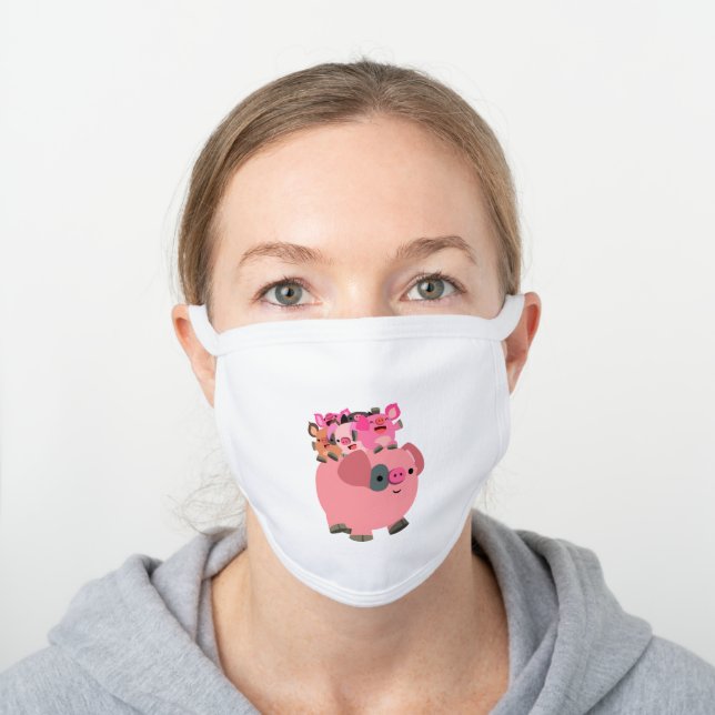 Cute Cartoon Pig Carrying Piglets White Cotton Face Mask (Worn)