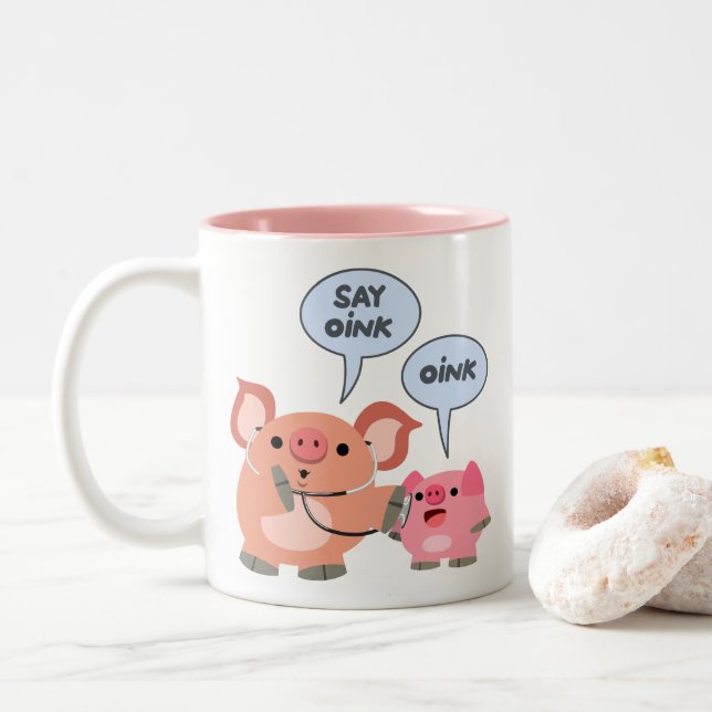 Cute Cartoon Pig Doctor and Patient Two-Tone Coffee Mug (With Donut)