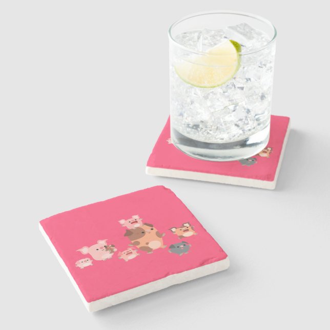 Cute Cartoon Pig Family Stone Coaster (Side)