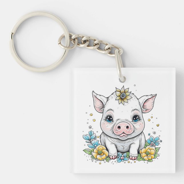 Cute Cartoon Pig in Flowers Personalized Keychain (Front)