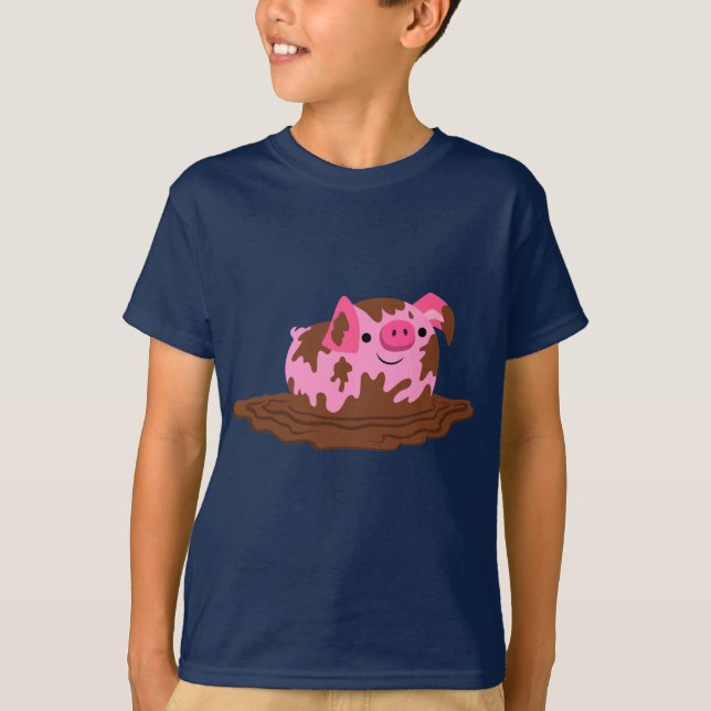 Cute Cartoon Pig in The Mud Children's T-Shirt (Front)