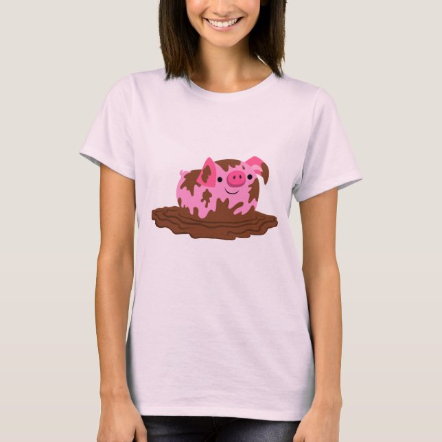 Cute Cartoon Pig in The Mud Women's T-Shirt (Front)